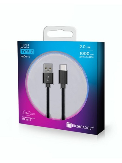 USB - кабель MEDIAGADGET U-TC12  2.0 USB - USB TYPE C (черный, 1м, нейлон, металлический коннектор) - фото