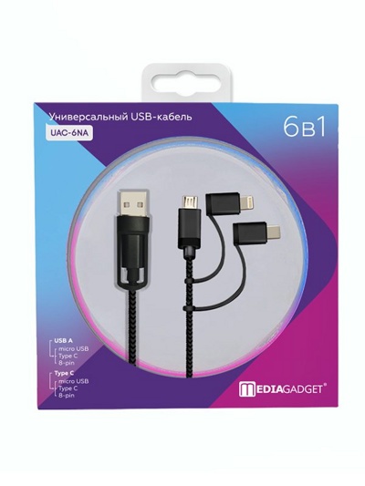 Универсальный 6 в 1 USB-кабель MediaGadget UAC-6NA 2.0 USB A/Type C-microUSB/Type C/8-pin (1м,черный) - фото